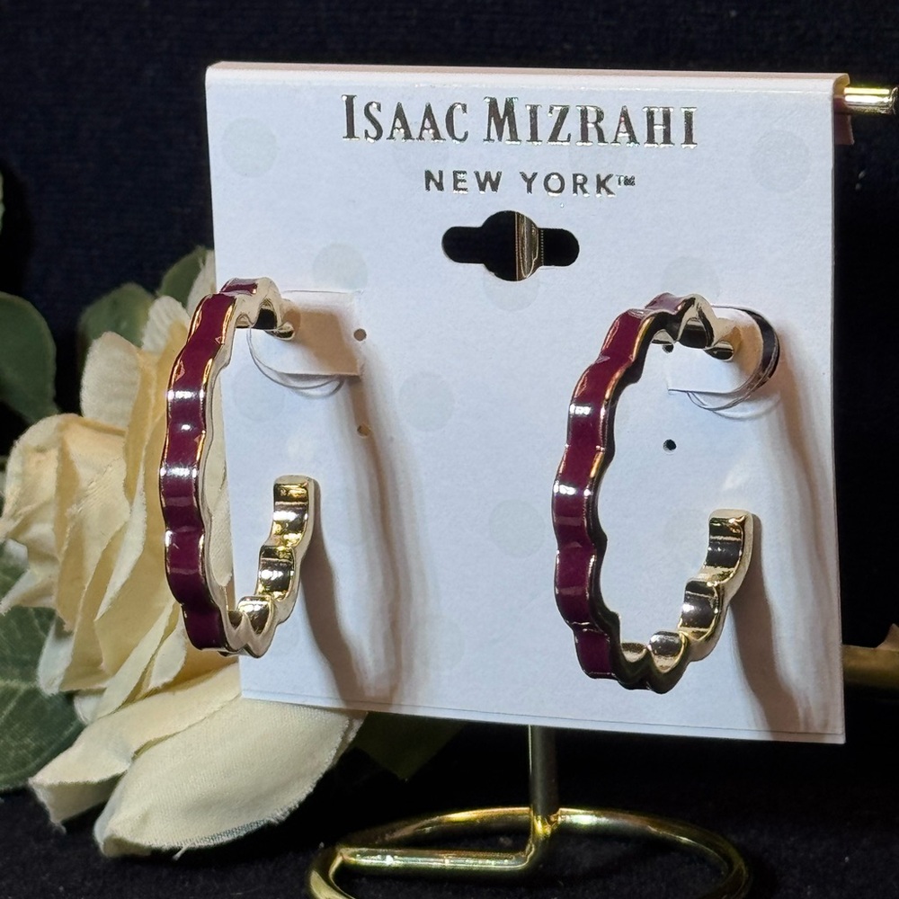 ISAAC MIZRAHI Burgandy & Gold Tone Open Hoop Earrings 1.5 inch approx